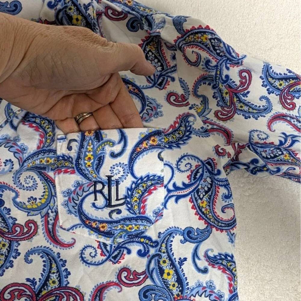 Lauren Ralph Lauren Womens Paisley Pajama Set M Blue & White Cotton Lounge Wear - Picture 4 of 10